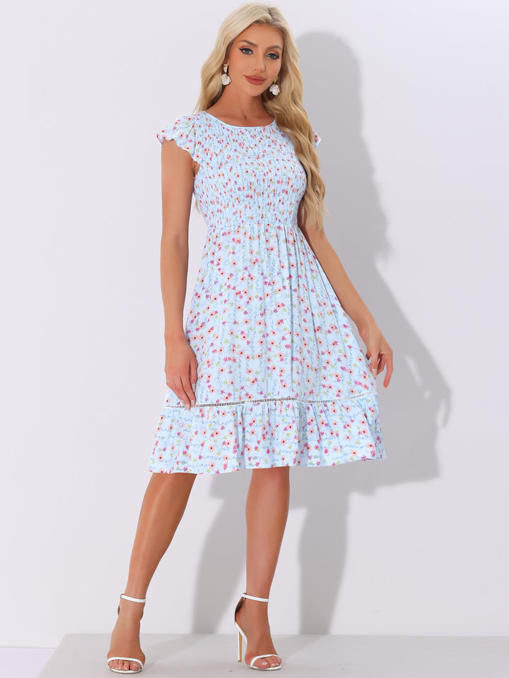 Midi Smocked Cap Short Sleeve Floral Fit and Flare Dress Midi Smocked Cap Short Sleeve Floral Fit and Flare Dress