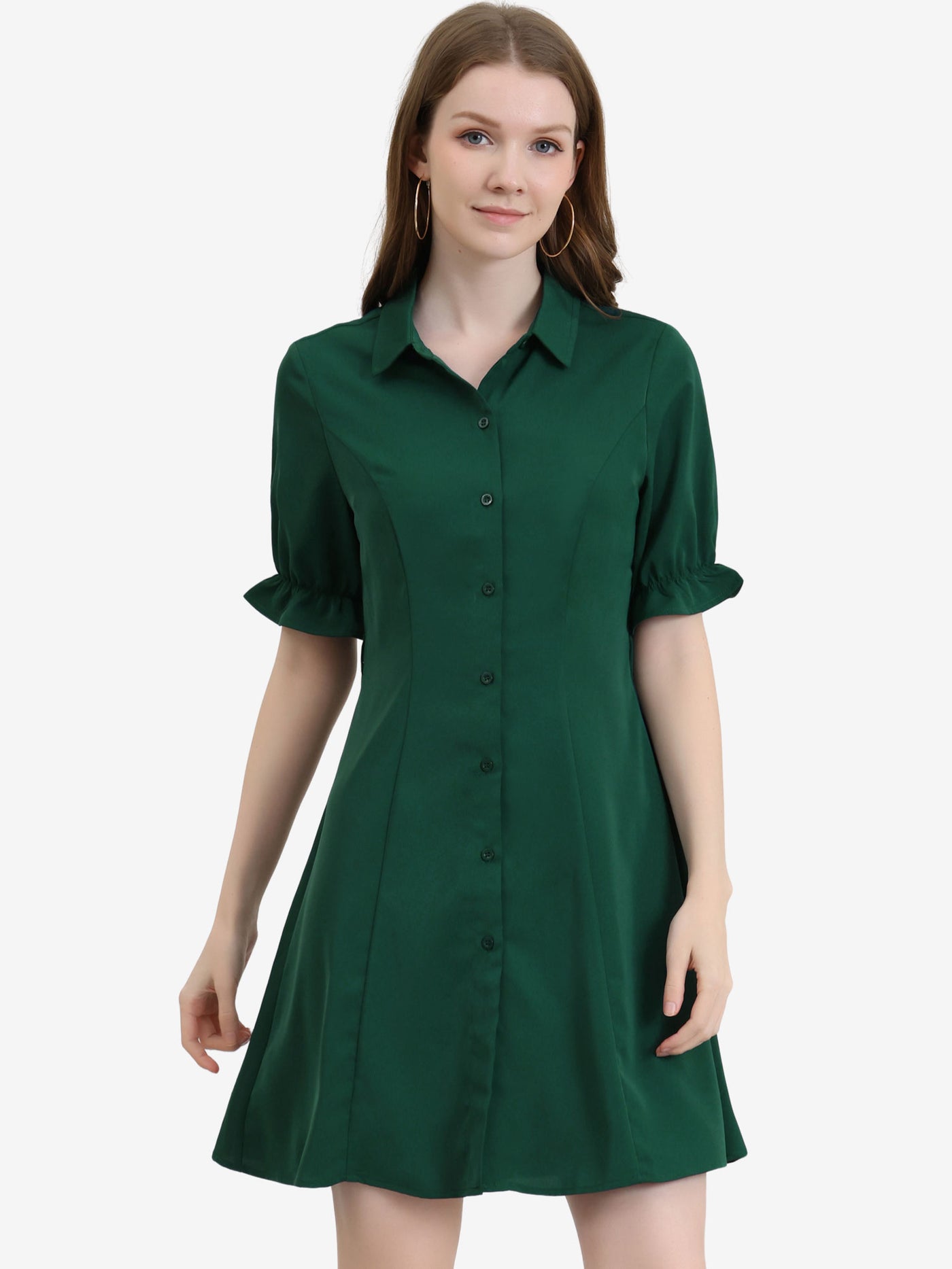 Allegra K Ruffled Short Sleeve Cotton Solid Belted Button Down Shirt Dress