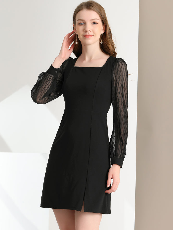Elegant Mesh Sleeve Split Side A-Line Casual Square Neck Dress | Allegra K