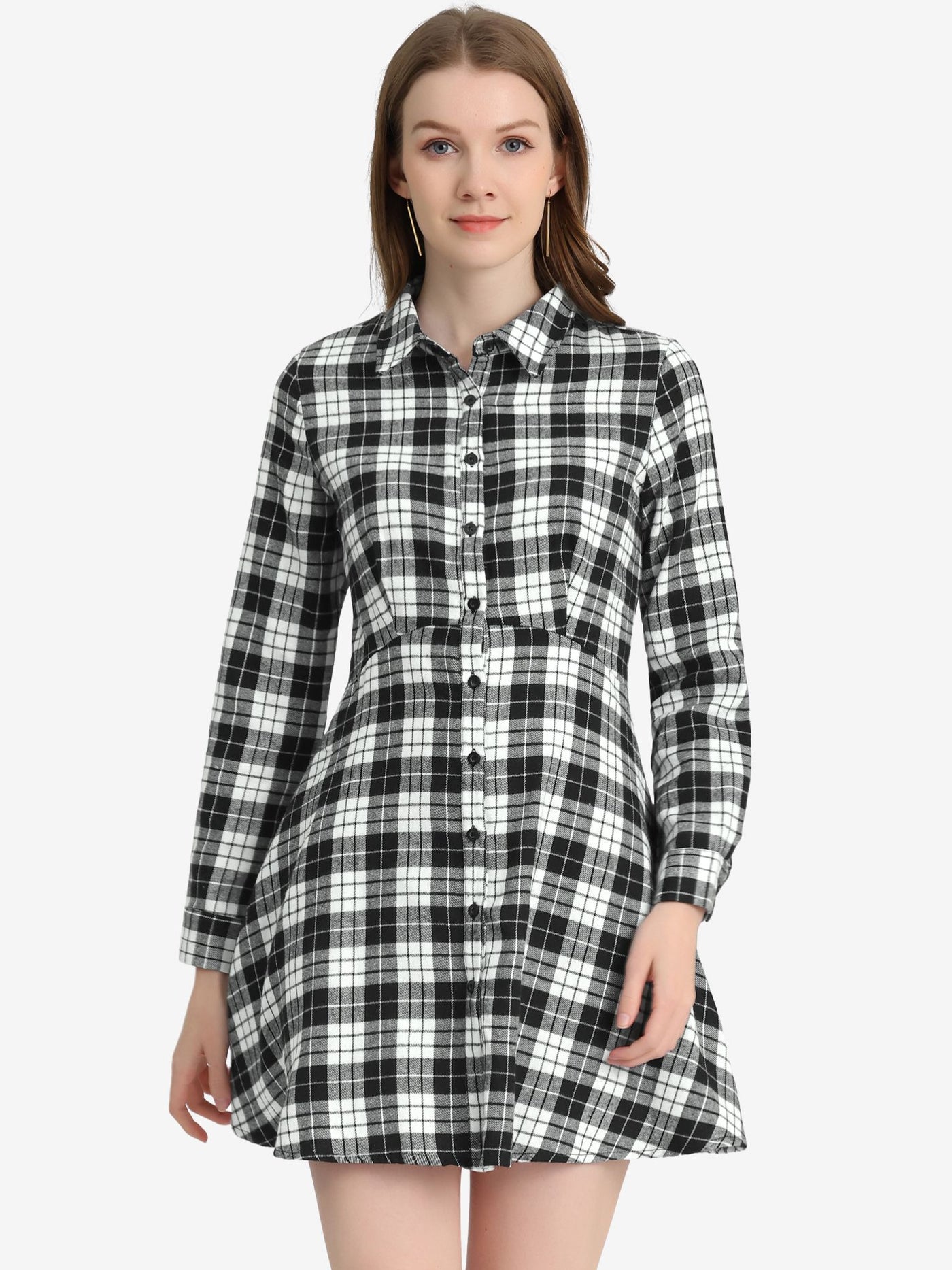 Allegra K Plaids Button Down Cotton Mini A-Line Shirt Dress