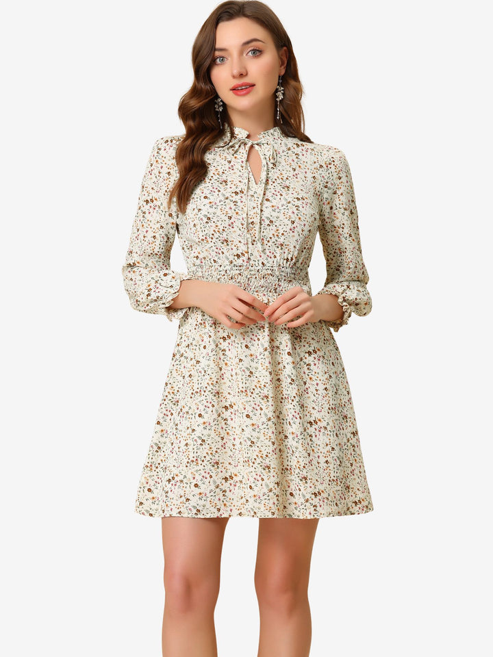 smocked waist long sleeve dress Smocked Waist Tie Neck Floral Long Sleeve Dress, Black / M