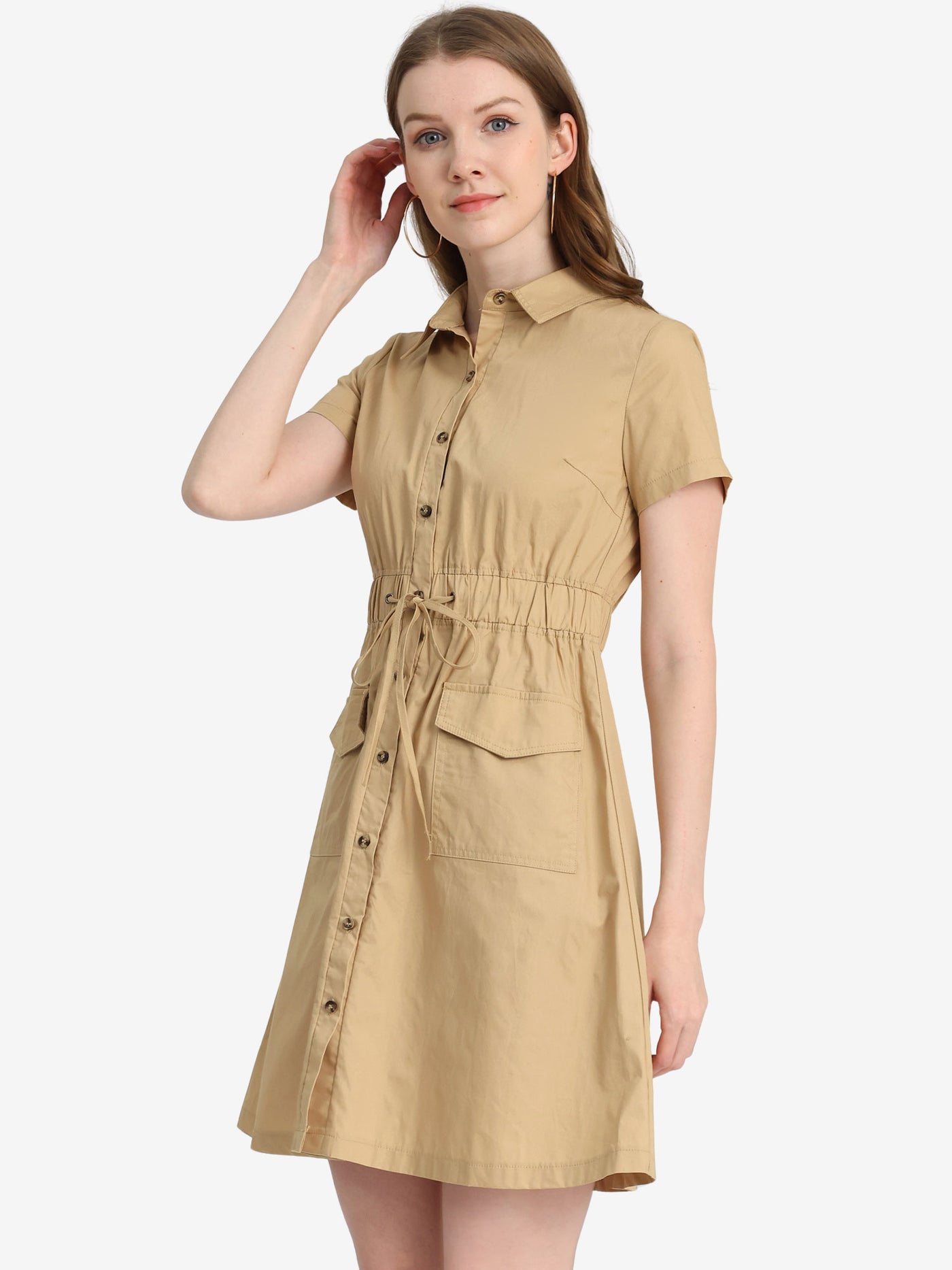 Allegra K Summer Safari Dress Cotton Button Down Collar Shirtdress