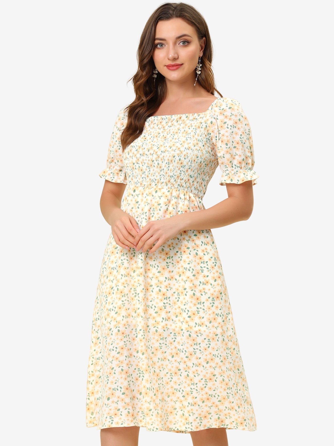 Allegra K Square Neck Puff Sleeve Shirred Floral Casual Midi Dress