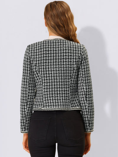 Plaid Tweed Blazer Long Sleeve Open Front Work Office Short Jacket
