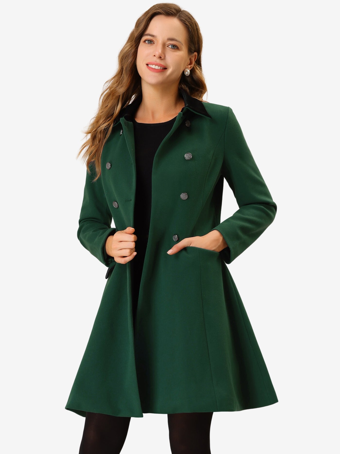 Allegra K Winter Double Breasted Vintage A-line Flare Long Coat
