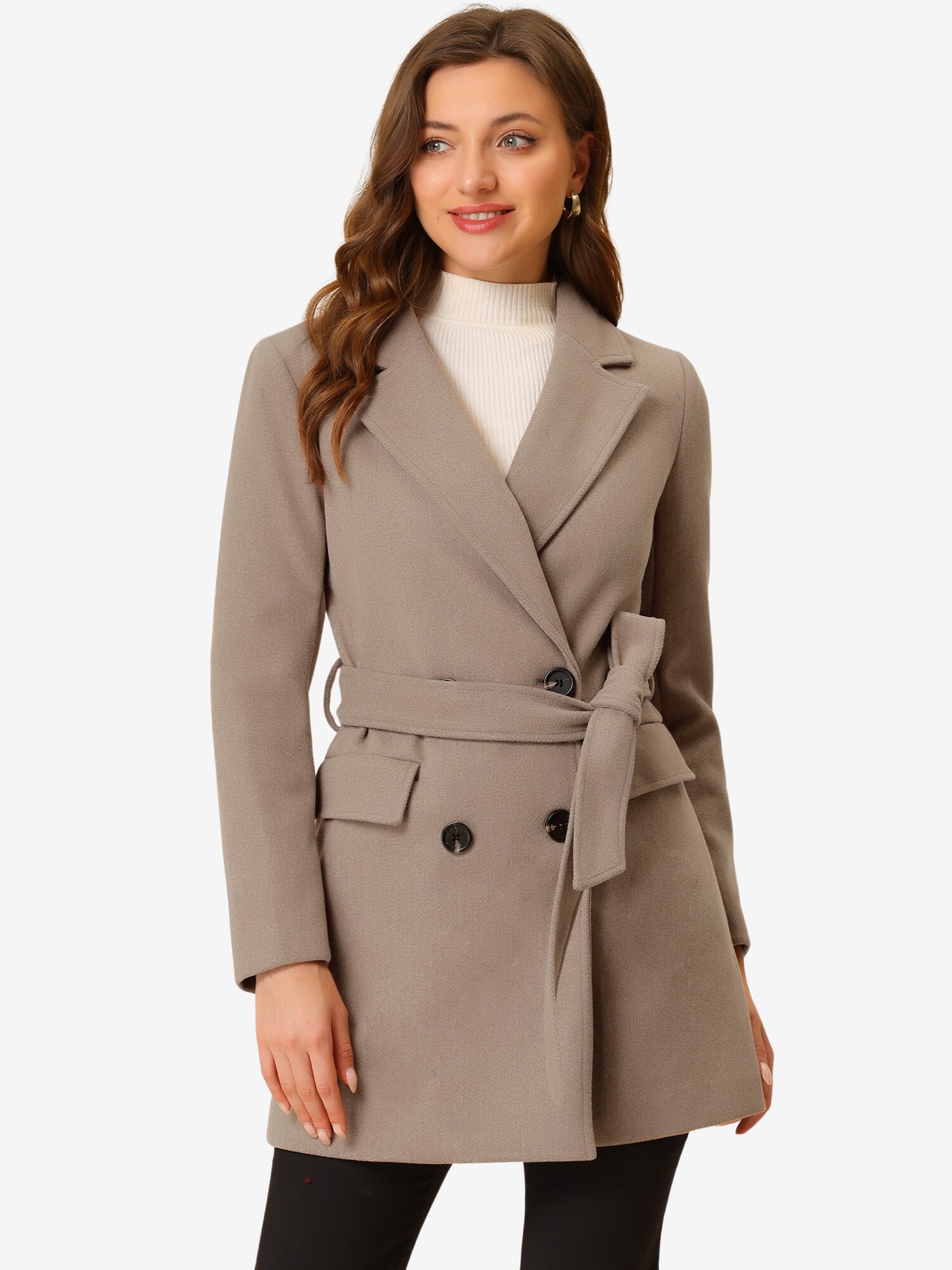 Allegra K Notch Lapel Double Breasted Belted Mid Long Outwear Winter Coat