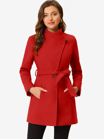 Classic Stand Collar Long Sleeve Belted Winter Coat