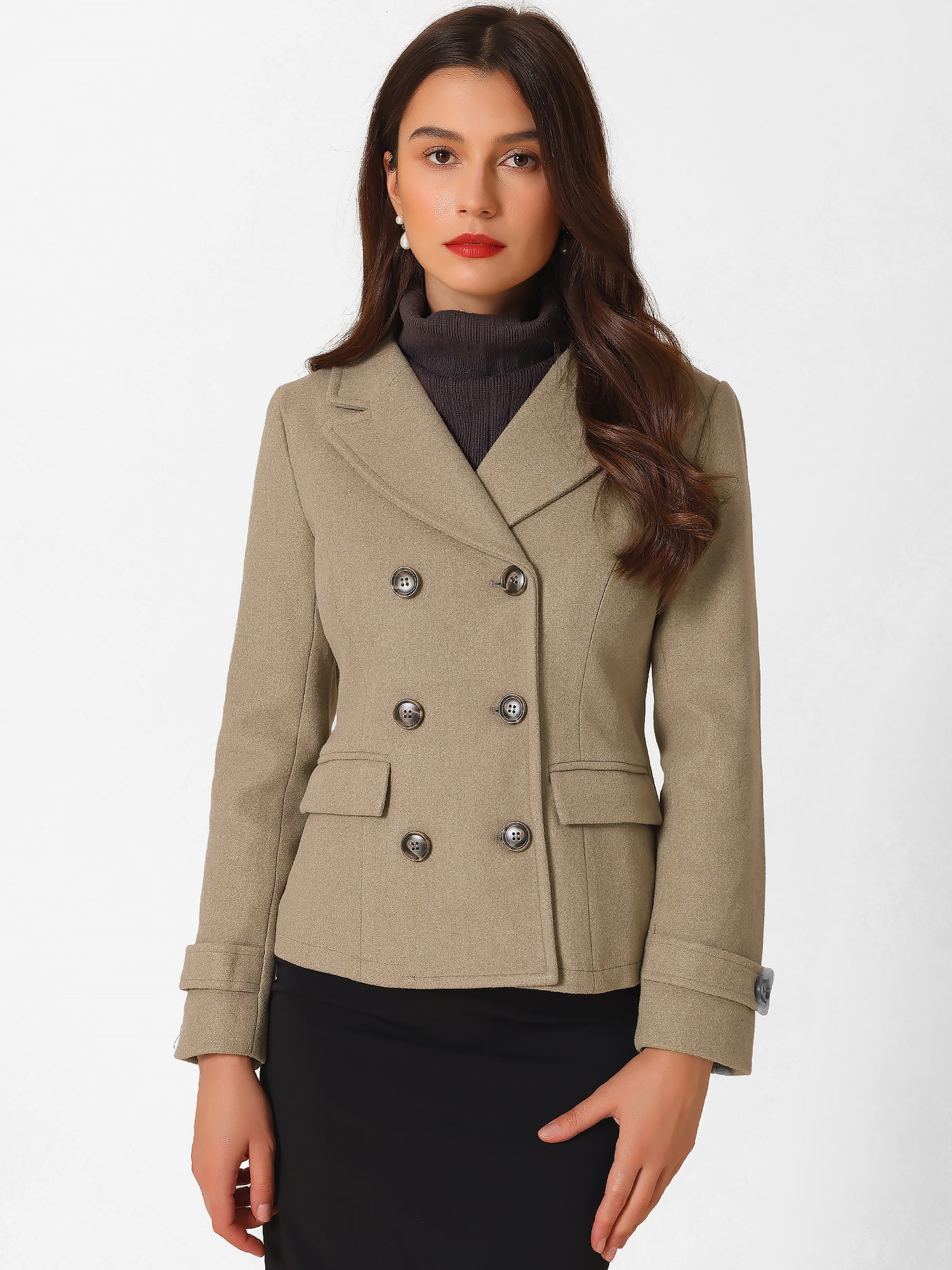 Allegra K Winter Notched Lapel Double Breasted Short Pea Coat