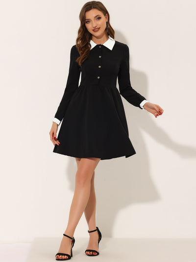 Contrast Color Puff Long Sleeve Collared Flare Short Dress
