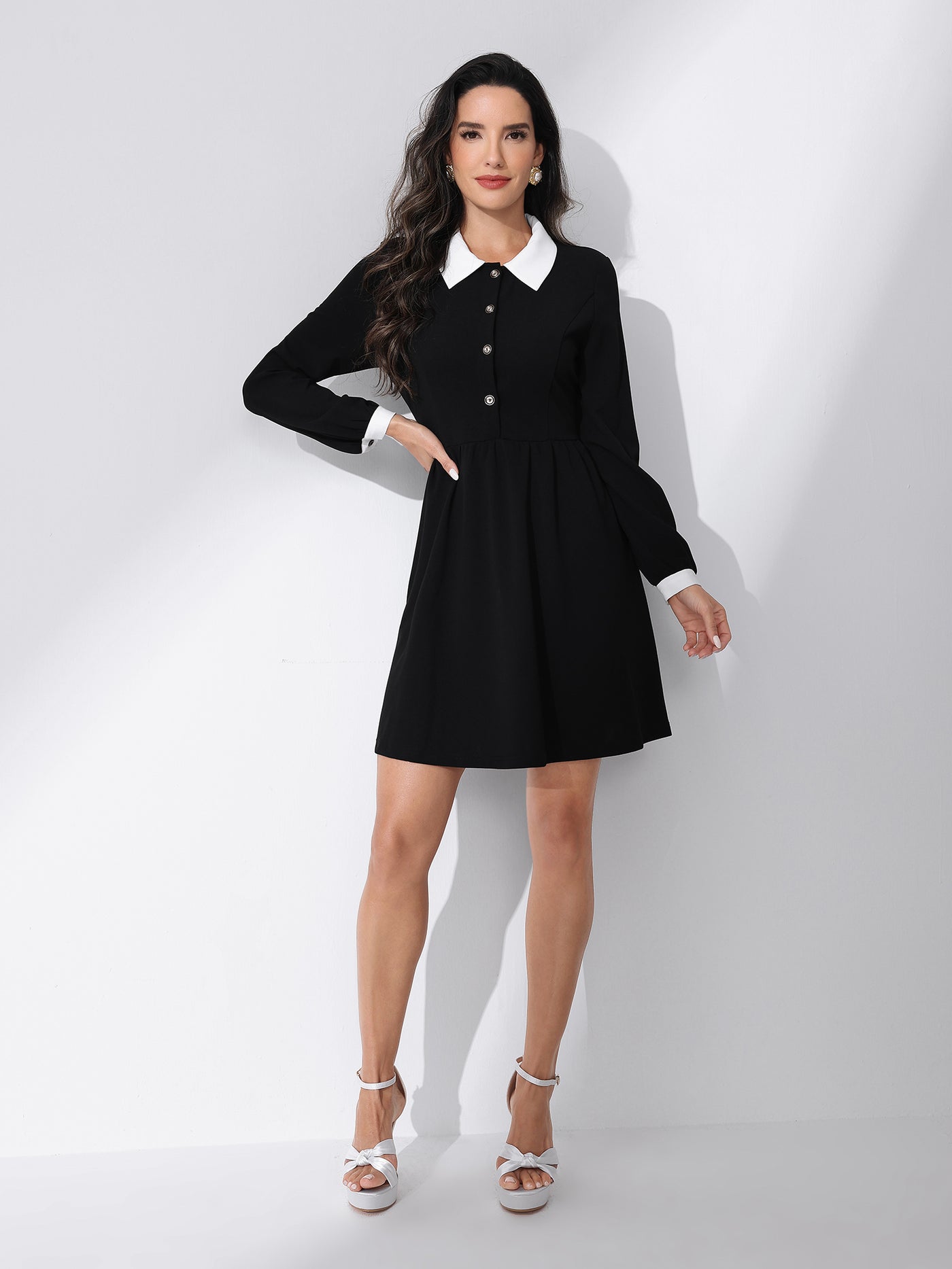 Allegra K Contrast Color Puff Long Sleeve Collared Flare Short Dress