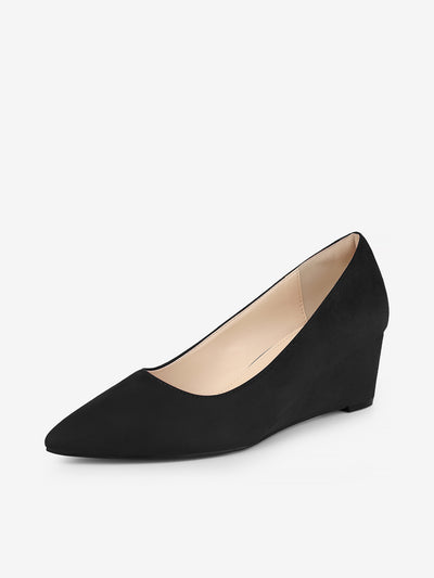 Faux Suede Solid Color Pointed Toe Slip On Wedge Heel Pumps