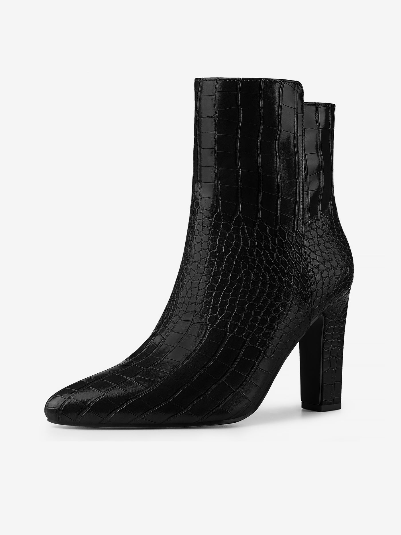 Allegra K Crocodile Printed Pointed Toe Chunky Heel Ankle Boots