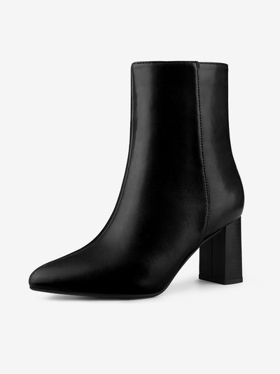 Allegra K PU Leather Pointed Toe Chunky Heel Side Zipper Ankle Boots
