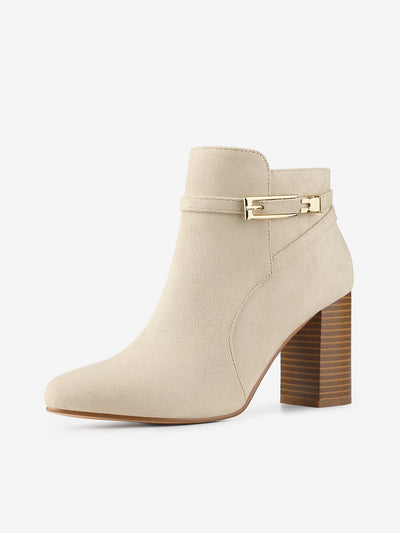 Allegra K Round Toe Buckle Chunky Heel Ankle Boots