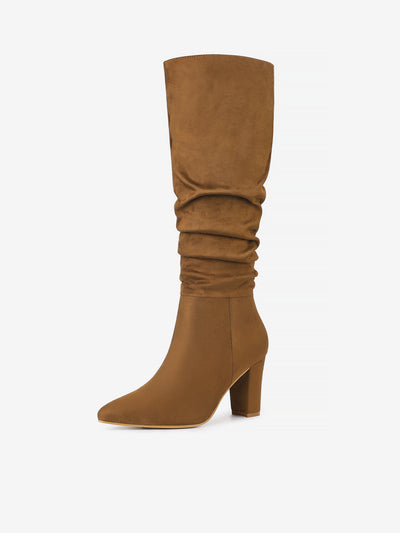 Allegra K Slouchy Pointed Toe Chunky Heel Knee High Boots