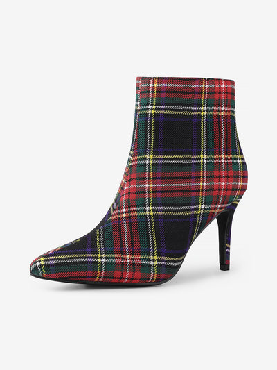 Plaid Pointed Toe Side Zip Stiletto Heel Ankle Boots