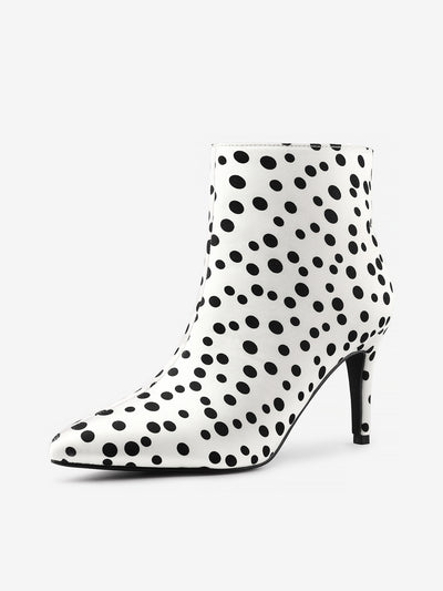Allegra K Polka Dots Pointed Toe Stiletto Heel Satin Ankle Boots