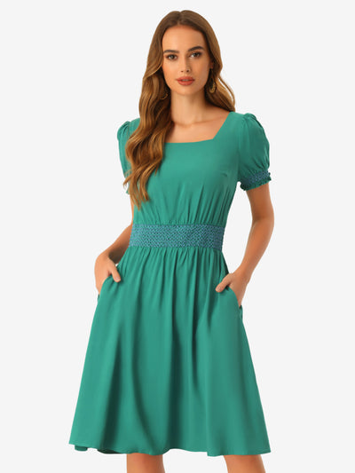Allegra K Summer A-Line Square Neck Contrast Stitch Smocked Waist Pocket Dress