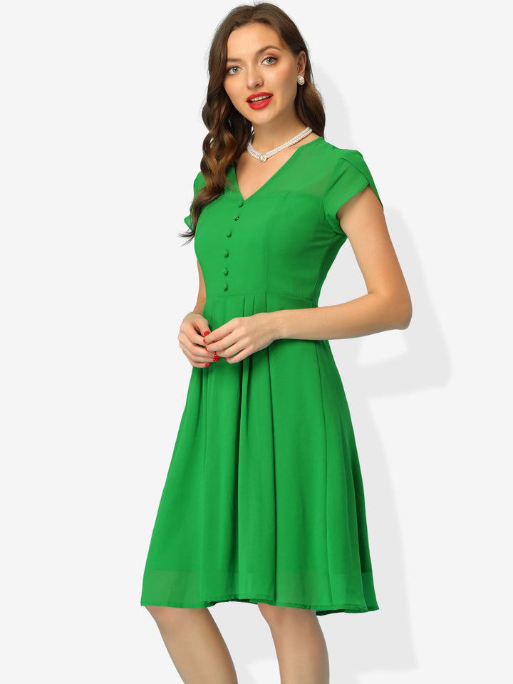Vintage Chiffon V Neck Cap Sleeve Elegant A-Line Dress