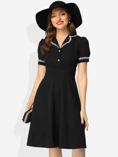 Work Lace Notched Collar Vintage 1950s Short Sleeve Midi Shirt Dress