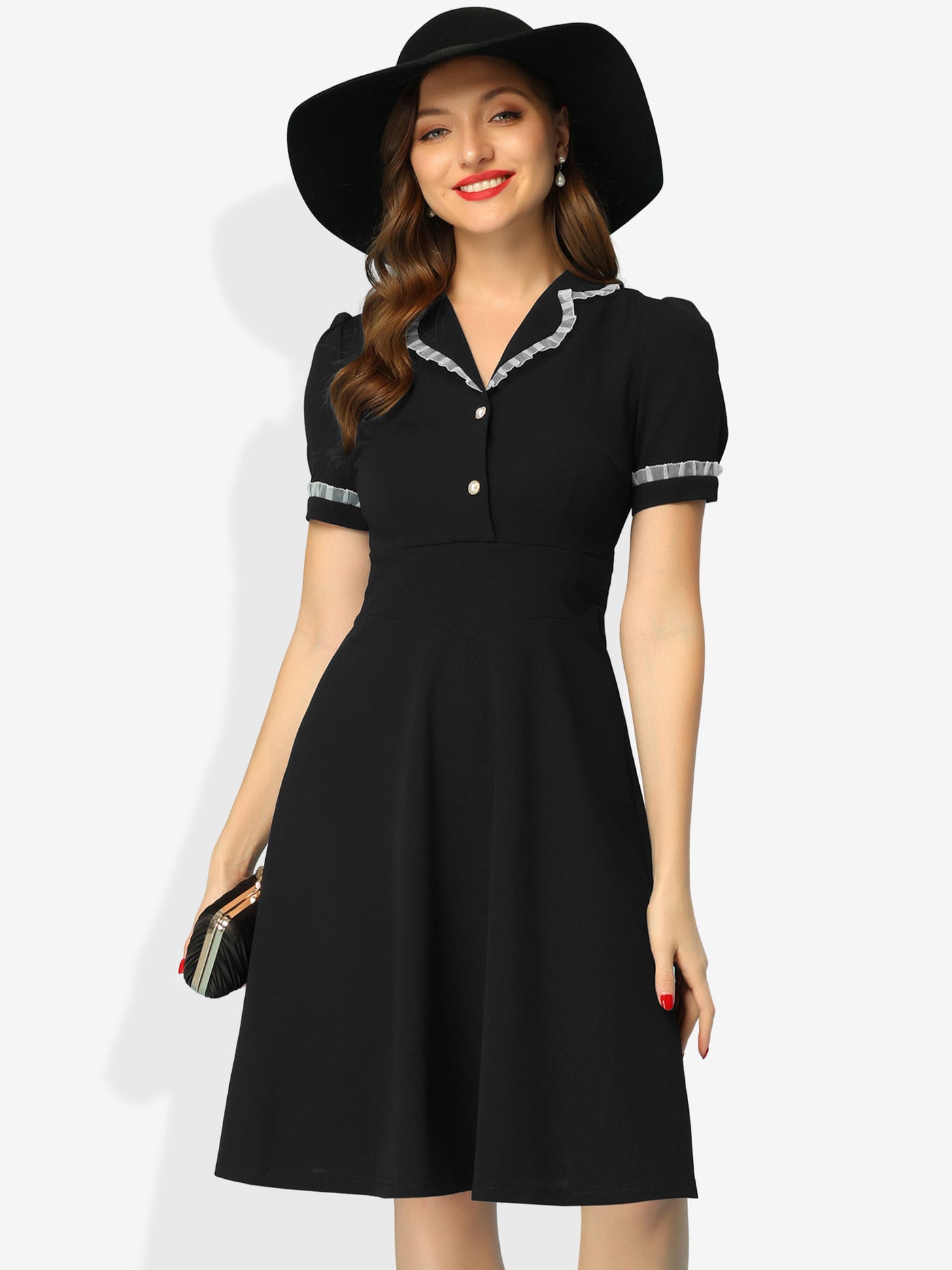Allegra K Work Lace Notched Collar Vintage 1950s Short Sleeve Midi Shirt Dress