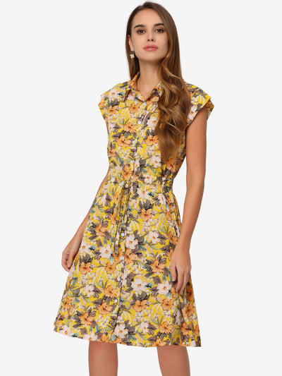 Summer Chiffon Floral Cap Sleeve Drawstring Waist Shirt Dress