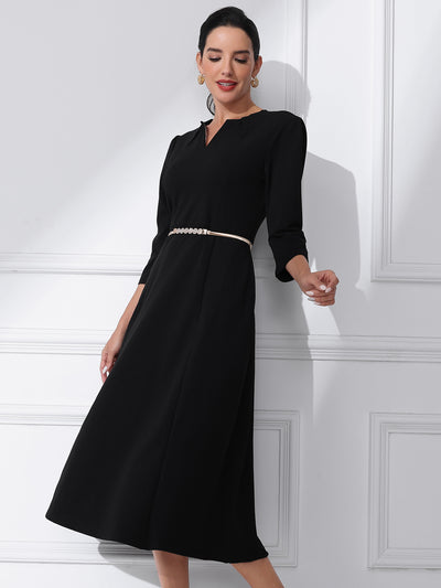 Elegant V Neck Pockets 3/4 Sleeve Work Solid A-Line Dress
