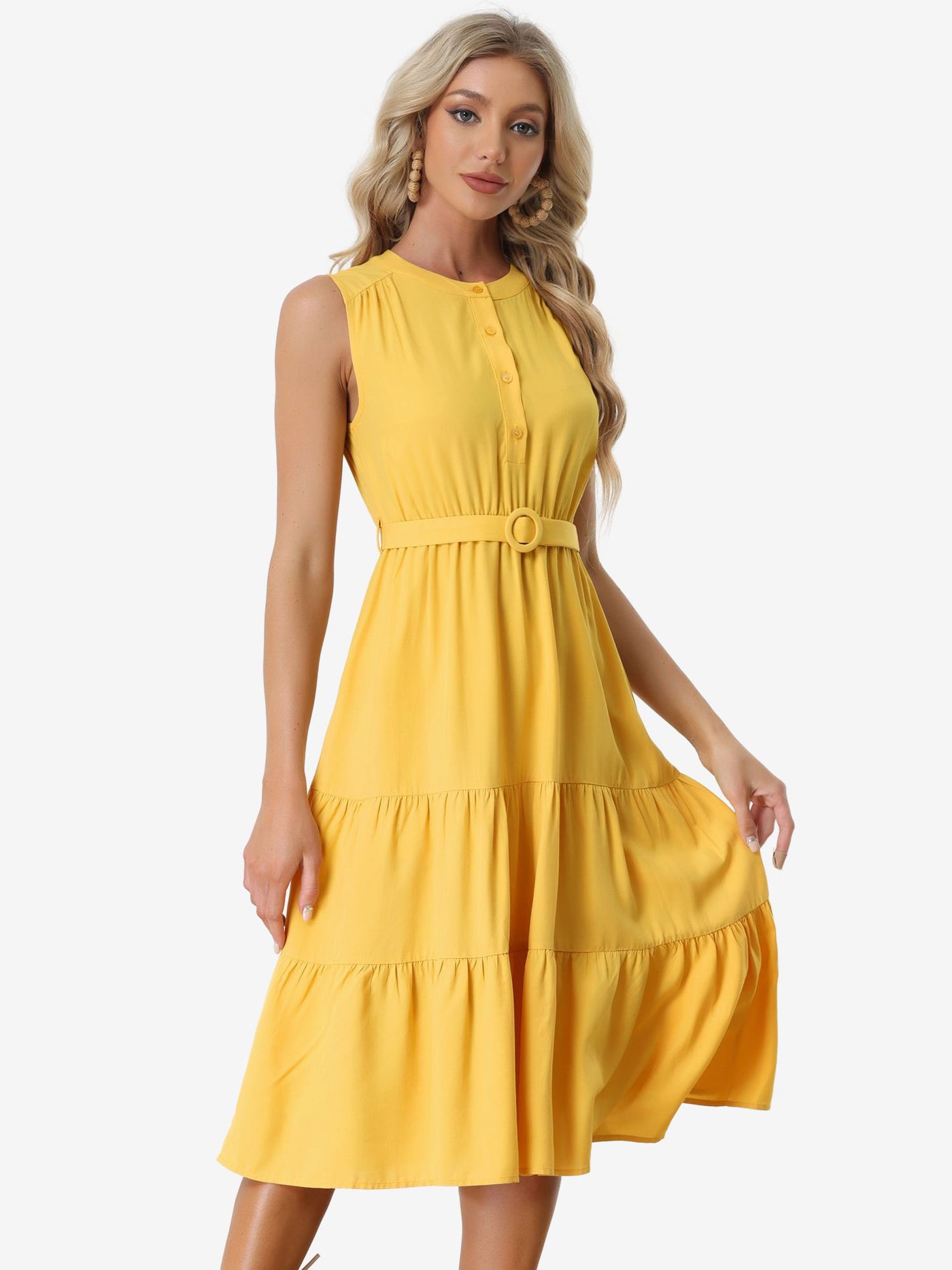 Allegra K Summer Sleeveless Casual Elastic Waist Belted Tiered Midi Dress Sundress