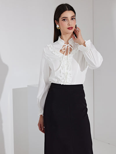 Retro Ruffled Tie Neck Long Sleeve Button Up Gothic Blouse