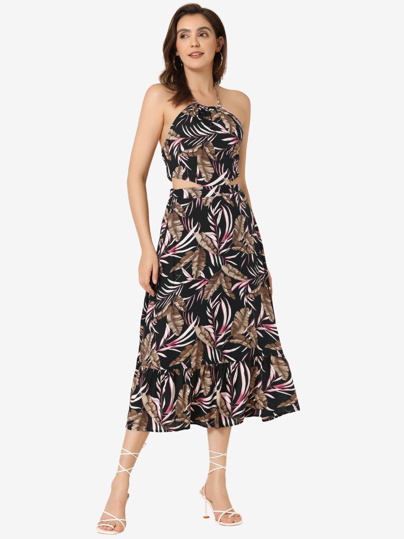 Allegra K Summer Floral Sundress Cutout Waist Tropical Midi Dress