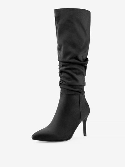 Allegra K Slouchy Pointed Toe Stiletto Heel Knee Faux Suede High Boots