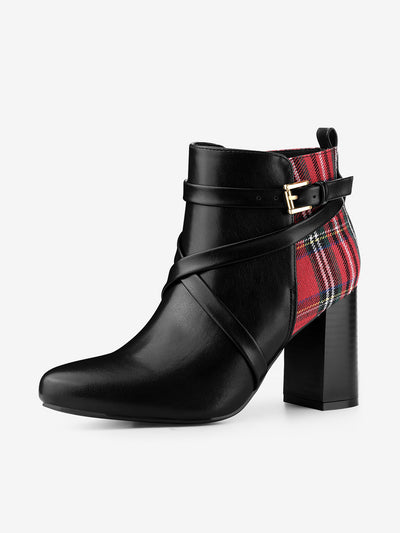 Plaid Pointed Toe Crisscross Strap Block Heel Ankle Boots