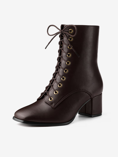 Allegra K Square Toe Lace Up Chunky Heel Ankle Zipper Combat Boots