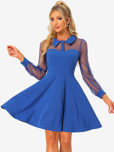 Cocktail Party Sheer Mesh Panel Long Sleeve Mini A-Line Dress