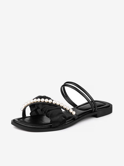Allegra K Women's Strappy Pearl Strap Pleated Flat Slide Sandals