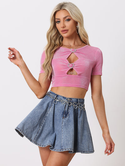 Allegra K Party Glitter Shiny Short Sleeves Cut Out Crop Tops