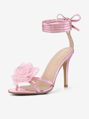Women's Flower Rhinestone Open Toe Lace Up Stiletto Heels Sandals