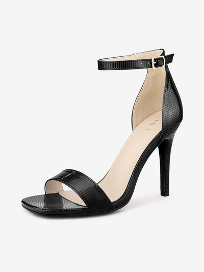 Women's Textured Square Toe Buckle Ankle Strap Stiletto Heel Sandals