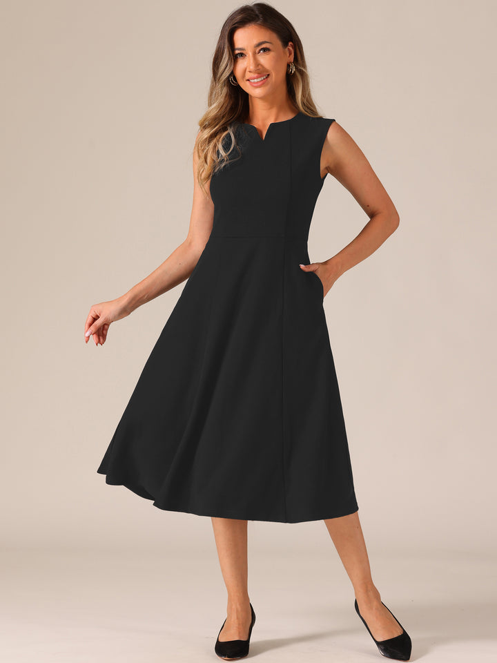 Notch Neck Pocketed Work Office A-Line Midi Dress, Black / S Notch Neck Pocketed Work Office A-Line Midi Dress, Black / S