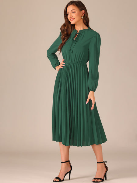 Allegra K A-Line Flowy Long Sleeve Tie V Neck Pleated Midi Dress, Dark Green / XL