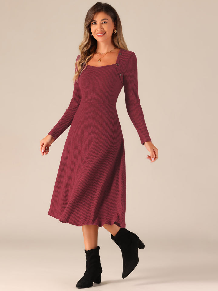 Casual Square Neck A-Line Pockets Midi Knitted Sweater Dress, Burgundy / XL