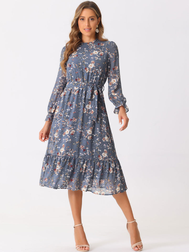 chiffon midi dresses for women Floral Long Sleeve Belted Flowy Chiffon Midi Dress