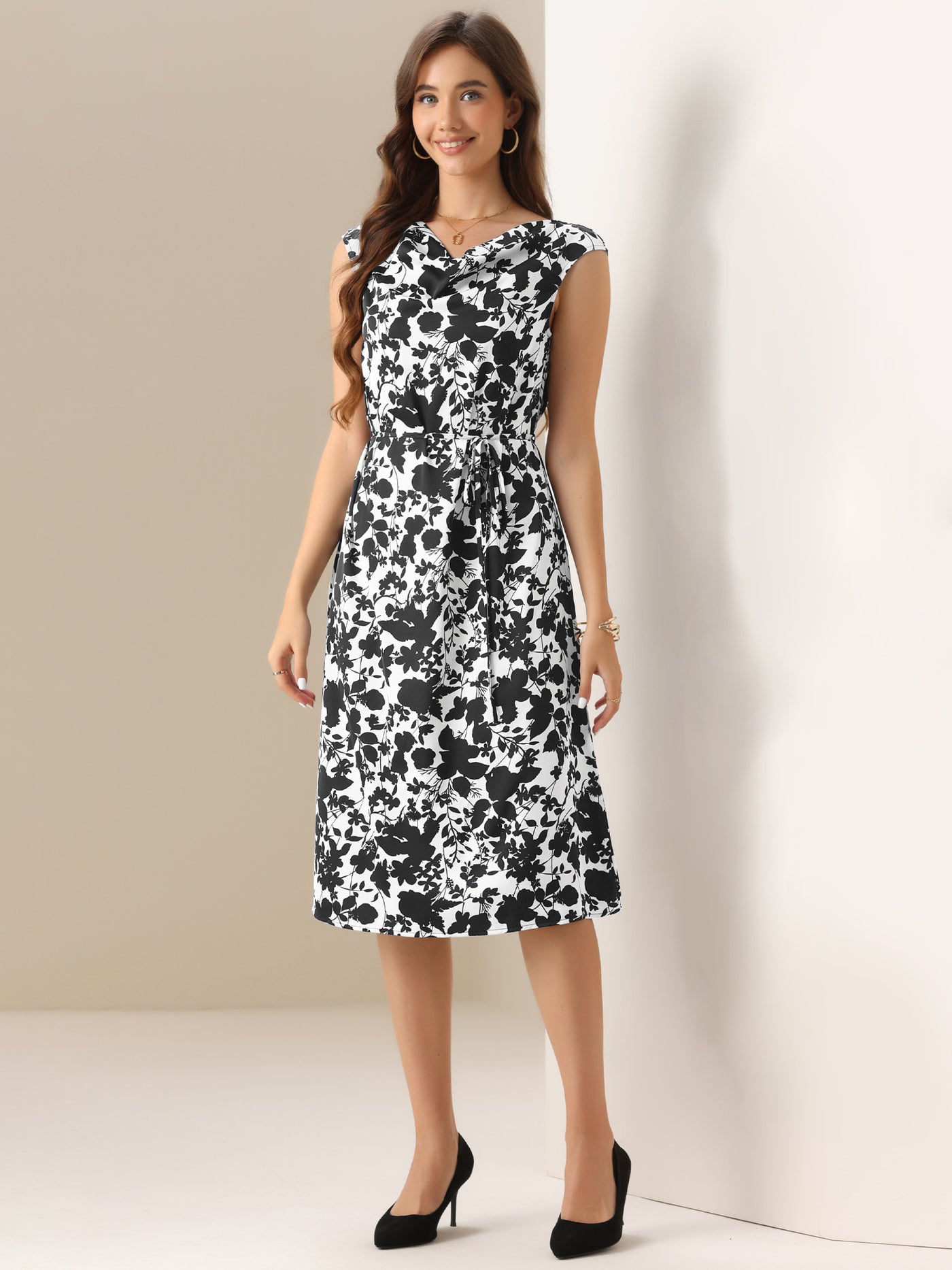 Floral Cowl Neck Cap Sleeve Midi Dress | Allegra K