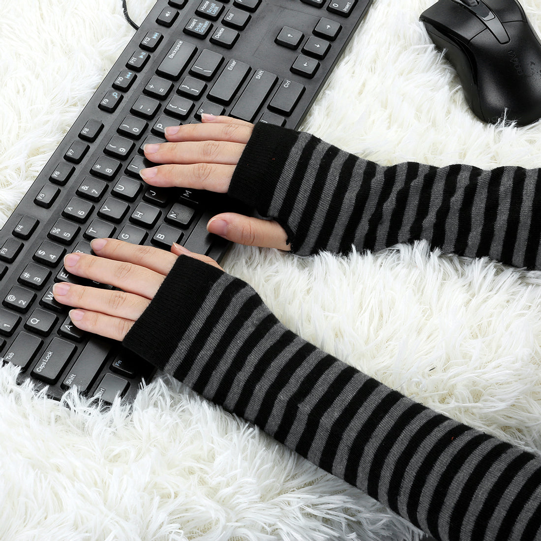 Allegra K Dark Gray Black Striped Stretchy Long Knitted Arm Warmer Glove