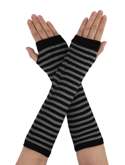 Dark Gray Black Striped Stretchy Long Knitted Arm Warmer Glove