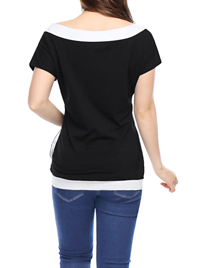 Boat Neck Short Sleeve Color Block Casual Tunic Batwing Top