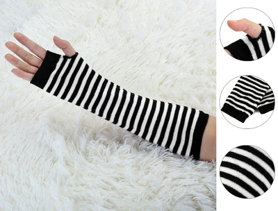 Fingerless Stripes Printed Elbow Arm Long Gloves Winter Warmers