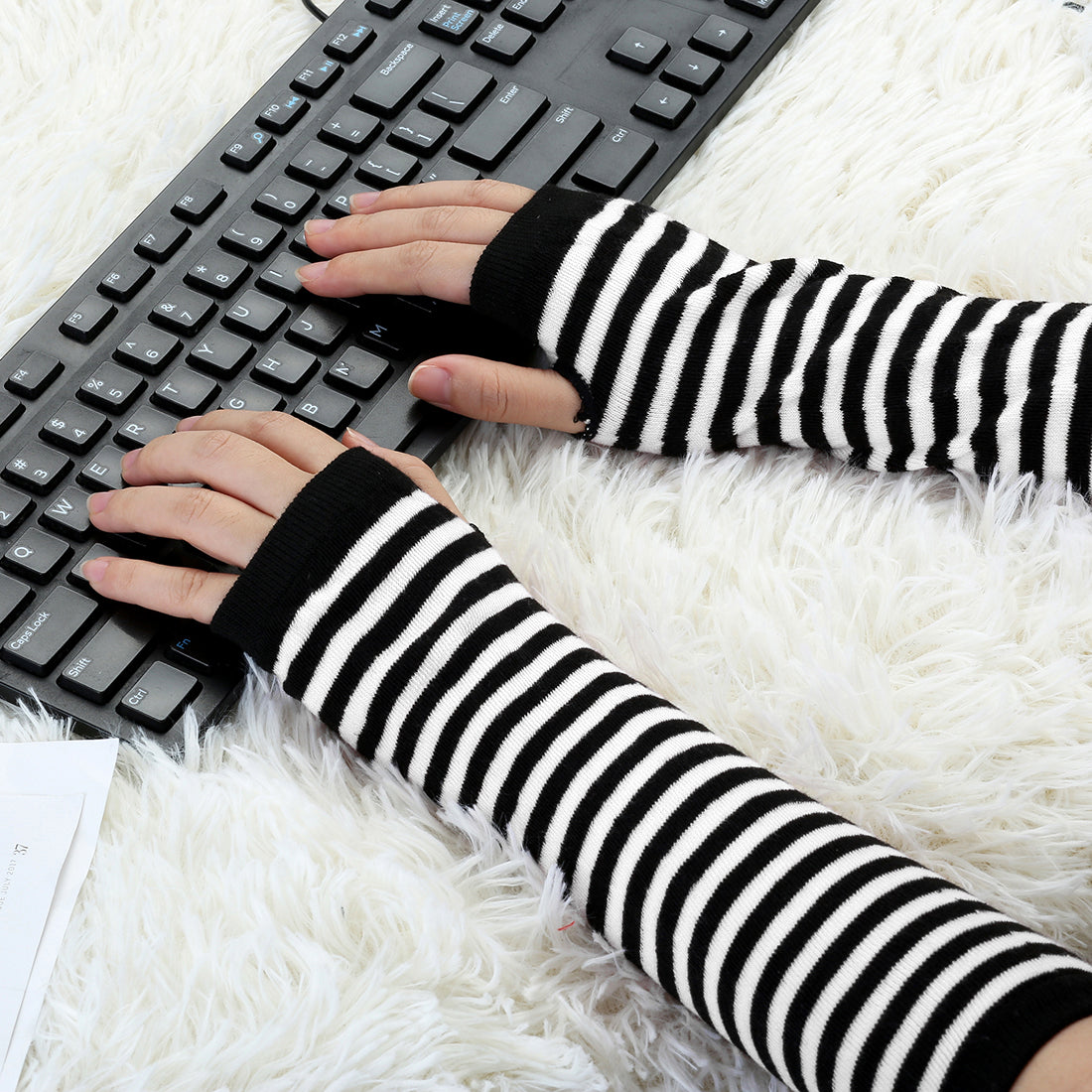 Allegra K Fingerless Stripes Printed Elbow Arm Long Gloves Winter Warmers