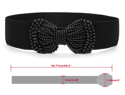 Faux Pearl Bowknot Press Stud Button Stretchy Waistband Cinch Belt