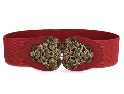 Metal Symmetric Flower Interlock Buckle Textured Elastic Cinch Belt